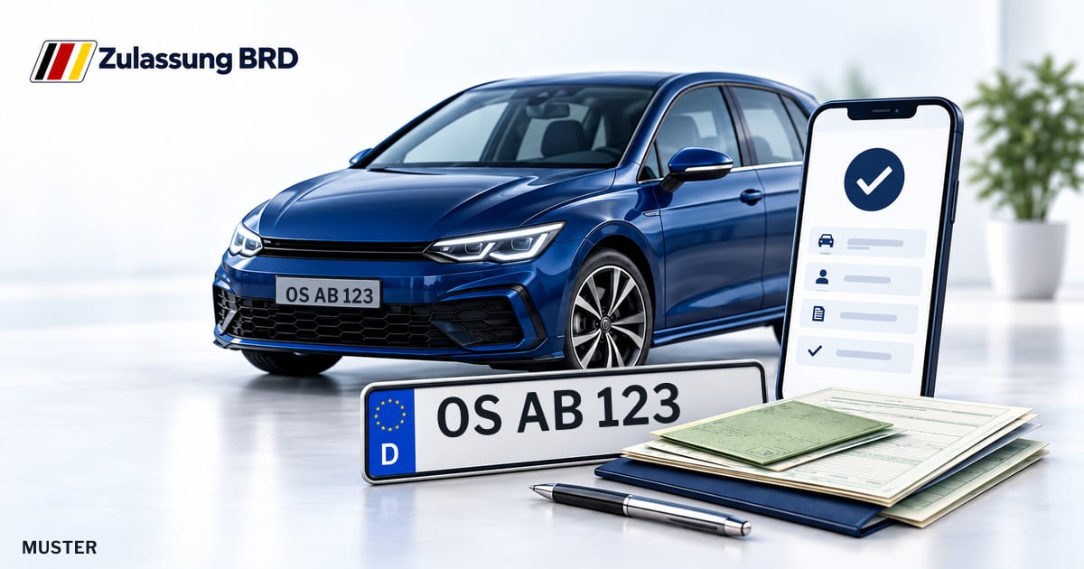 Online Fahrzeugzulassung in Georgsmarienhütte: Musterkennzeichen OS AB 123, Auto und Fahrzeugpapiere und Smartphone. Illustration mit Logo von Zulassung BRD.